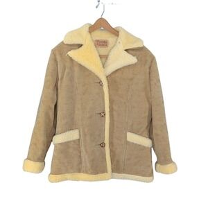 Vintage Faux Shearling Suede Sherpa Jacket Tan Western‎ Rancher Coat Mens Large